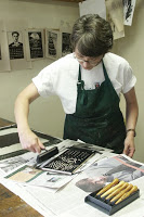 Liz Foley printing her image for the woodcut calendar, “July”