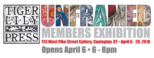 a banner image with the Tiger Lily Press woodcut logo on the left and UNFRAMED show date and times on the right